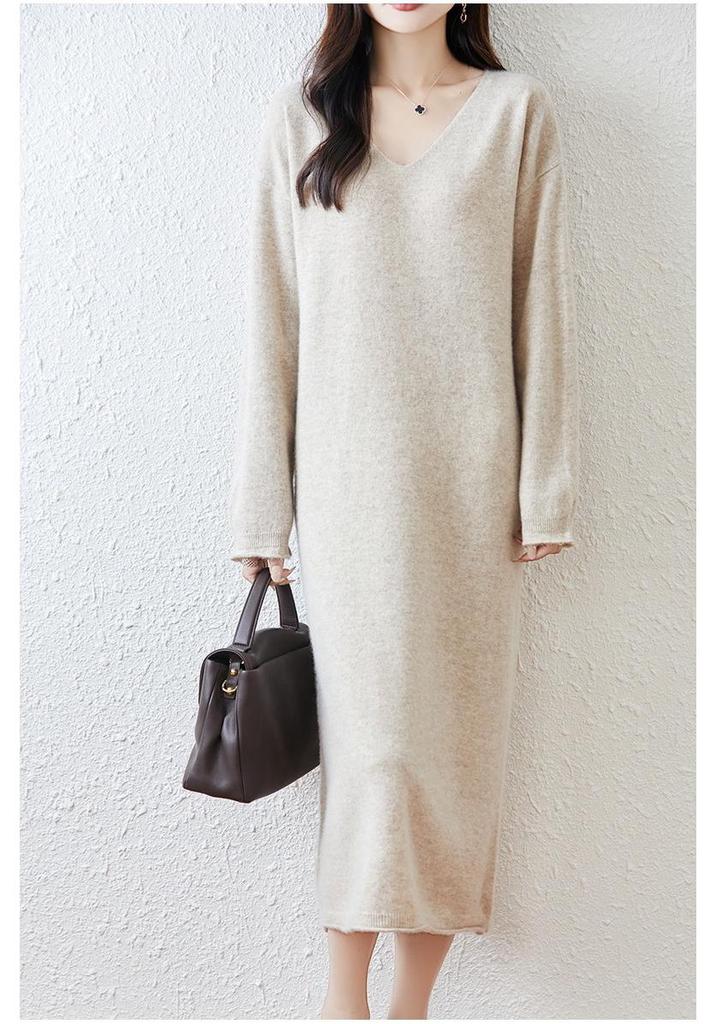 Women's V-Neck Pure Wool Knit Sweater Dress - Mid-Length, Loose Fit for Autumn & Winter