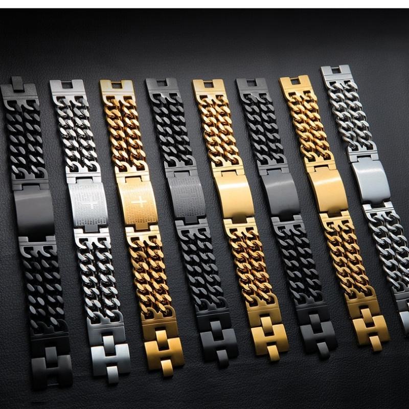 HNSP 24MM Width 316L Stainless Steel Cuban Chain Cross Bracelet For Men  Male Hand Chain Wrap Bracelets Punk Accessory