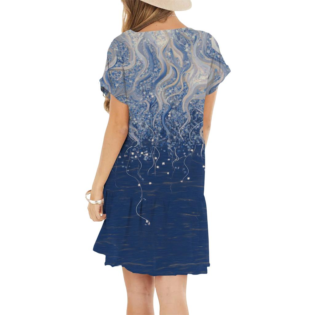 Women's Fashion Casual Round Neck Short Sleeve Ruffled Vintage Printed Dresses