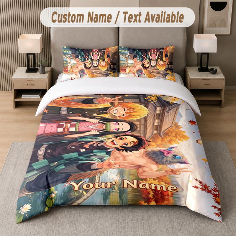 Demon Slayer 3Pcs Bedding Set, Personalized Custom Name Text, 1 Duvet Cover & 2 Pillowcases For Bedroom