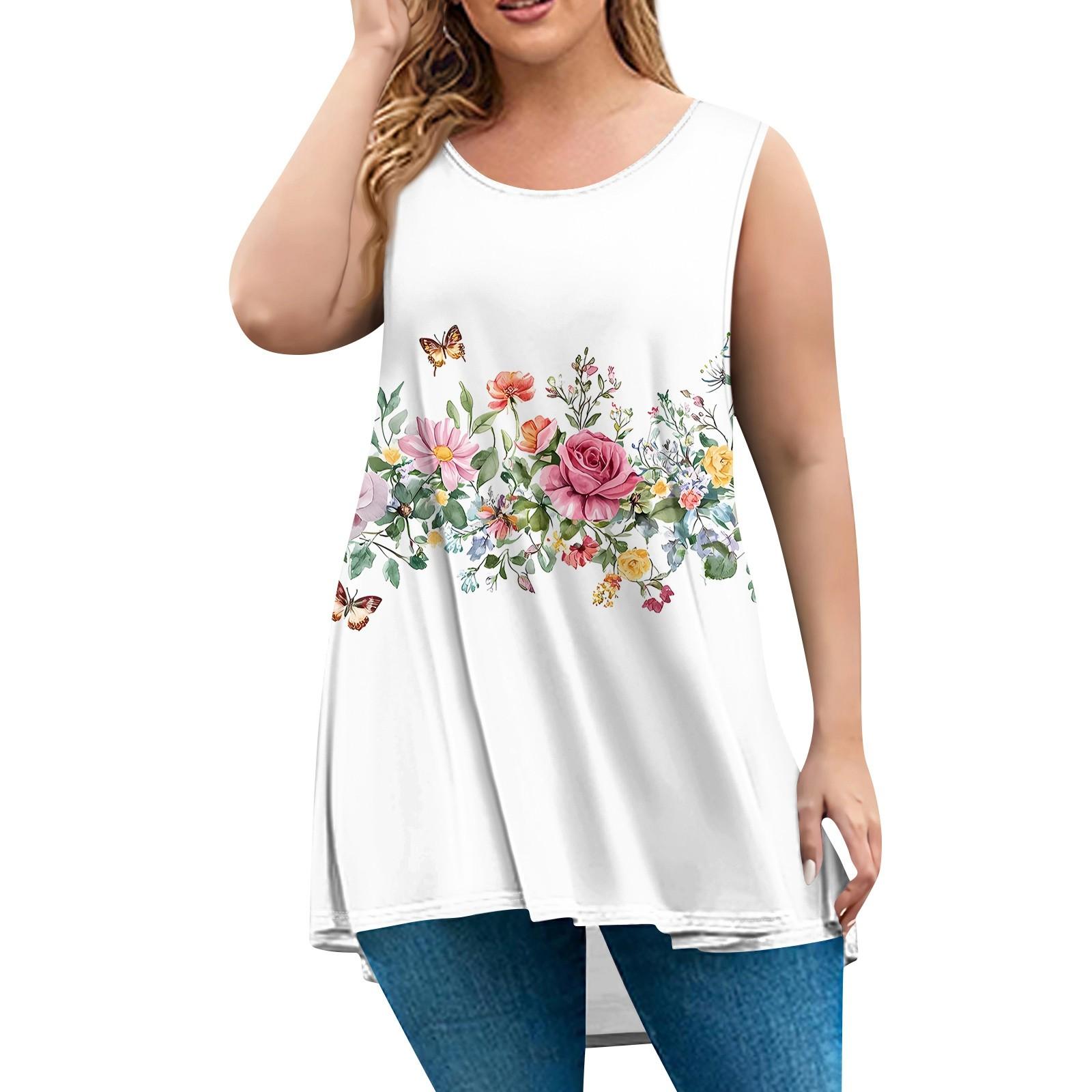 

Женская мода большого размера с круглым вырезом без рукавов повседневный свободный пуловер с принтом L белый