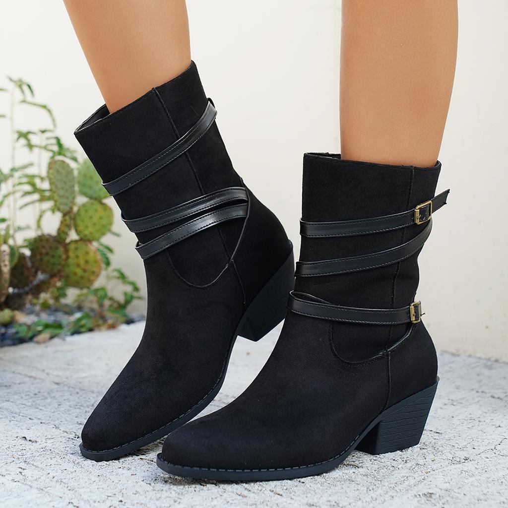 Women Mid-Calf Boots Autumn Winter Round Toe Flat Shoes Women Belt Buckle Anti Slip Comfort Boots Fashion Plus Size Ankle Boots