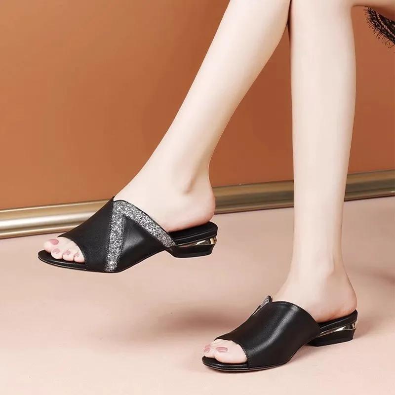 women fashion black crystal light weight slip on sandal shoes lady casual beige spring & summer party heel shoes ab644