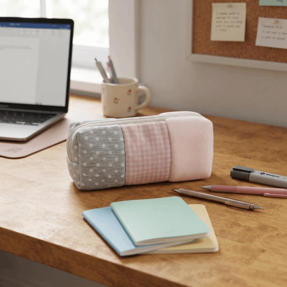Plaid Pattern Pencil Case Polka Dot Patchwork Pencil Case Japanese Style Pen Bag  Office Use