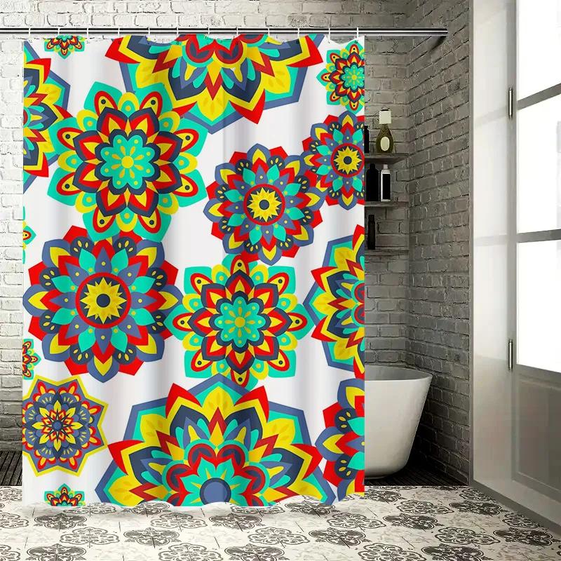 Colorful Boho Mandala Shower Curtain Multicolored Floral Bathroom Decor for Home Living Room Waterproof Fabric with Hook Rings S
