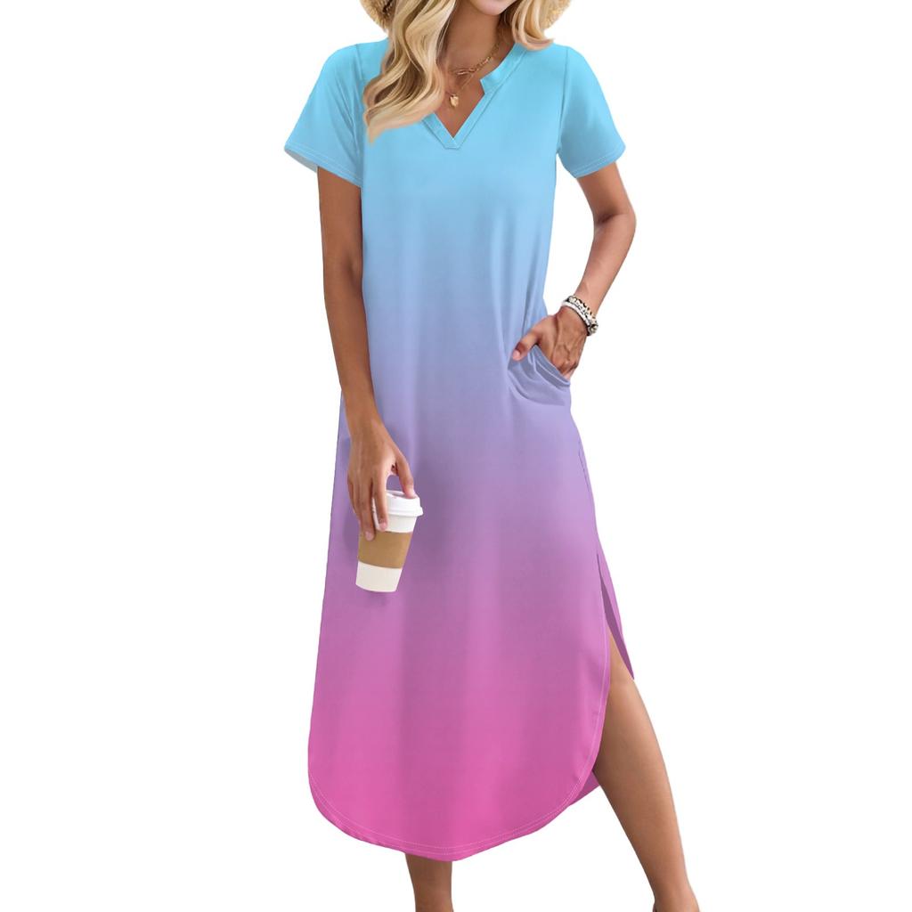 Women's Long Skirt Casual V-neck Long Shirt Dress Loose Slit Holiday Short Sleeve Dress