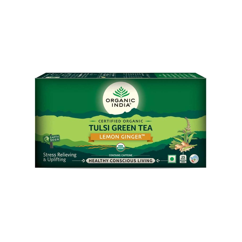 ORGANIC INDIA Tulsi Green Tea Lemon Ginger 18 Tea Bags Refreshing Herbal Beverage for Relaxation