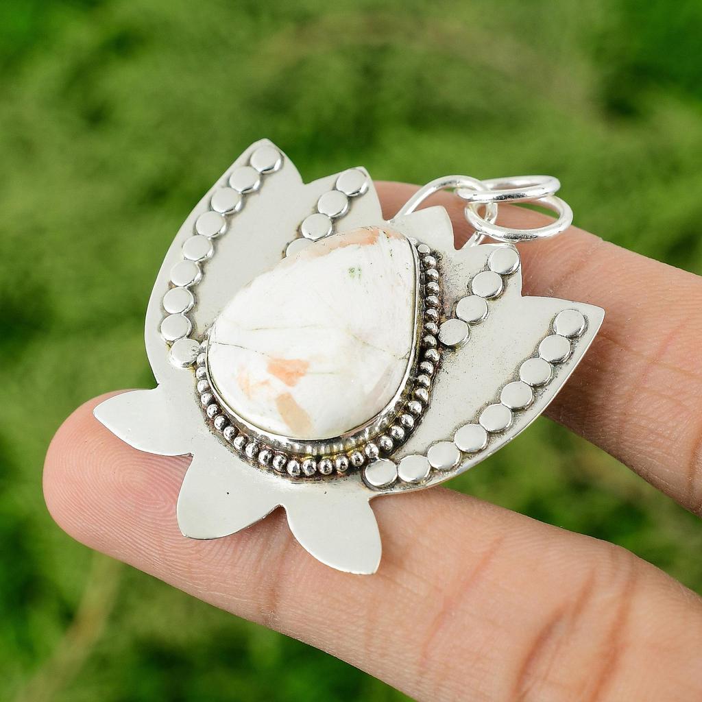 Daughters Day Deal Sterling Silver Scolecite Stone Art Deco Lotus Unique Pendant