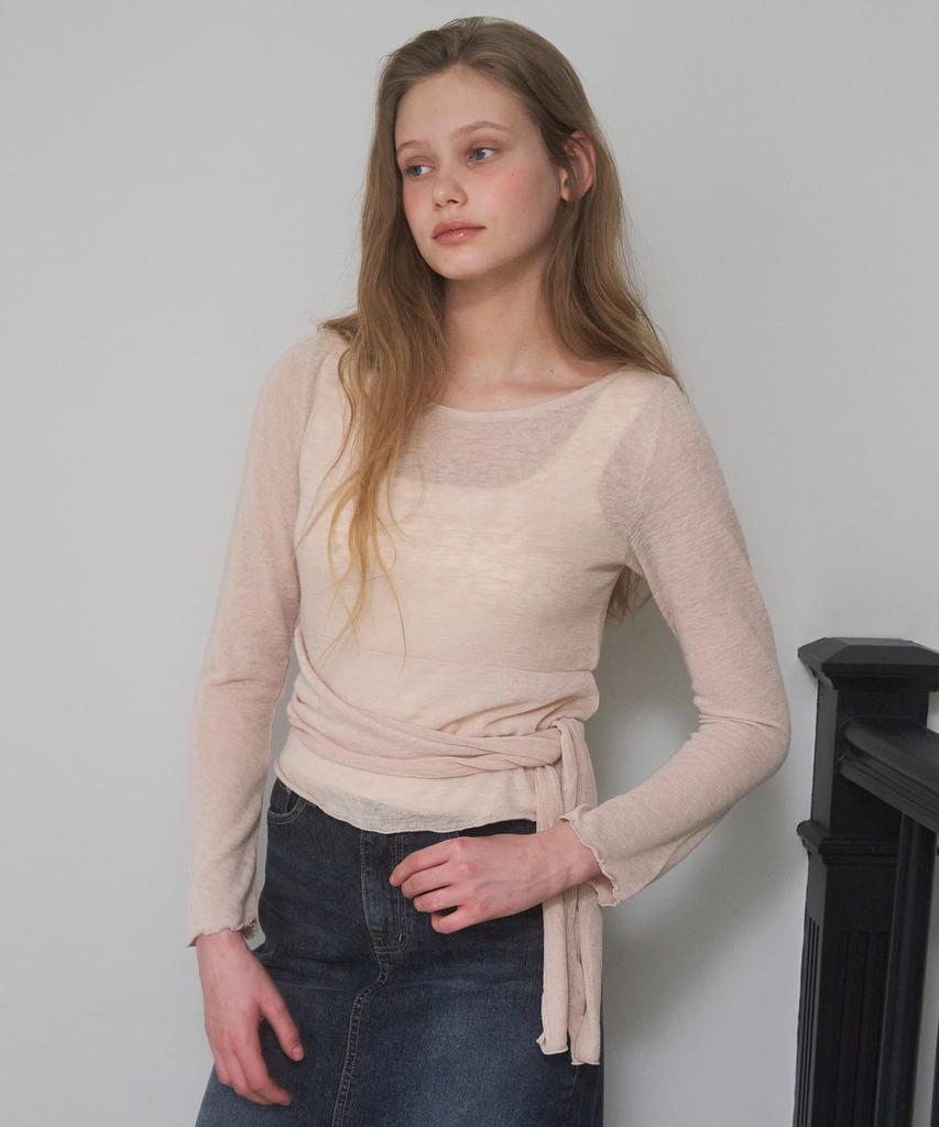 AMONG A Boat-Neck Tie T-Shirt_Beige