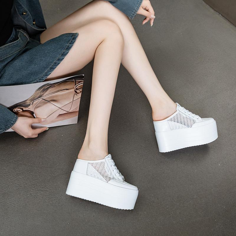 Fashion 12cm Slides Shoes Sneakers Slip on Slippers Women Summer Shoes Wedge Microfiber Leather Air Mesh Glitter Platform Sandals