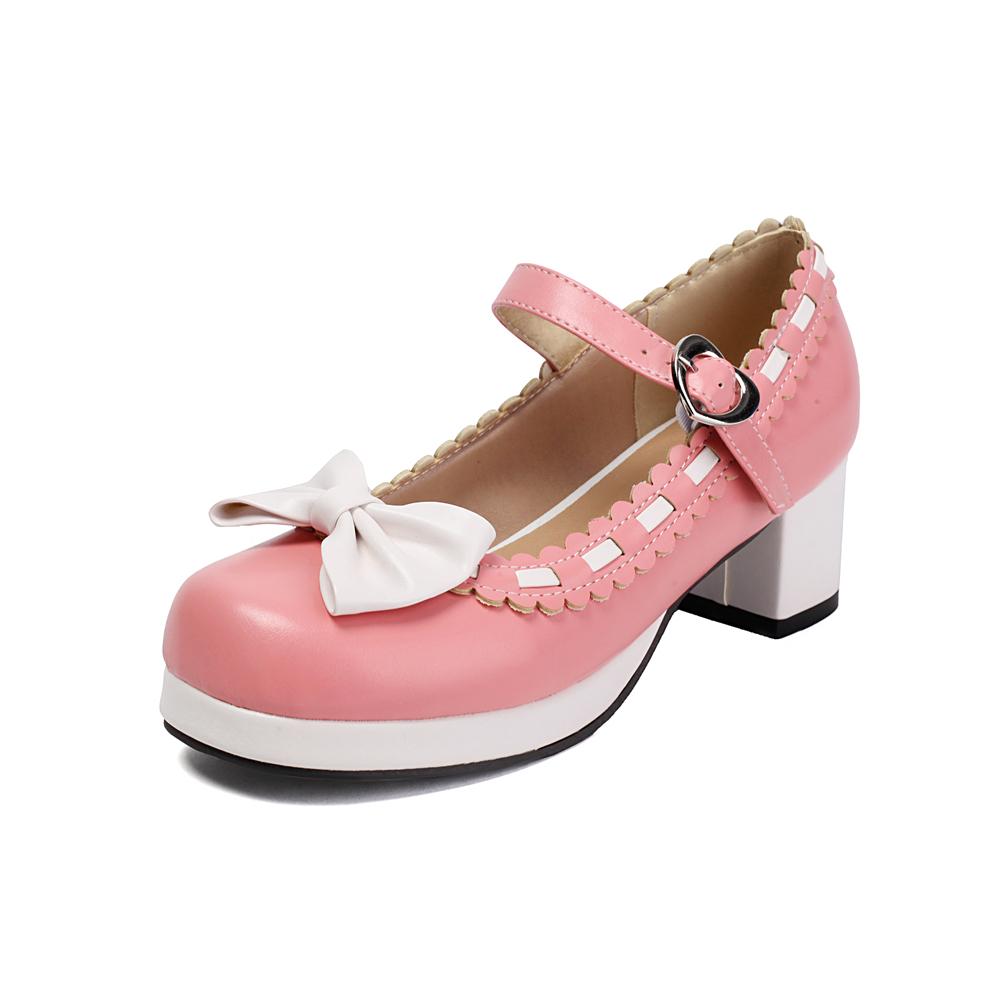 Fashion Girls Sweet Med Heel Ruffles Lolita Shoes Cute Bow Mary Jane Pumps Bride Wedding Cosplay Party Red Pink Black Green Size 34-48