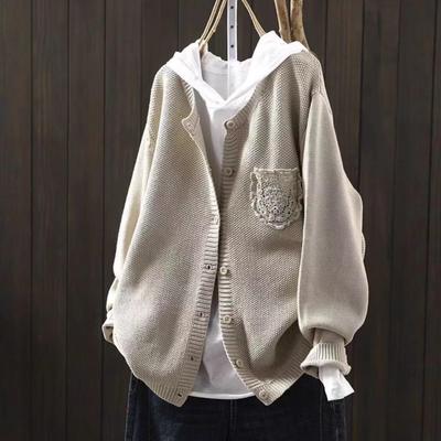 Women Vintage Knitted Sweaters Long Sleeve Patchwork Lace Pockets Button Autumn Solid Color Sweaters