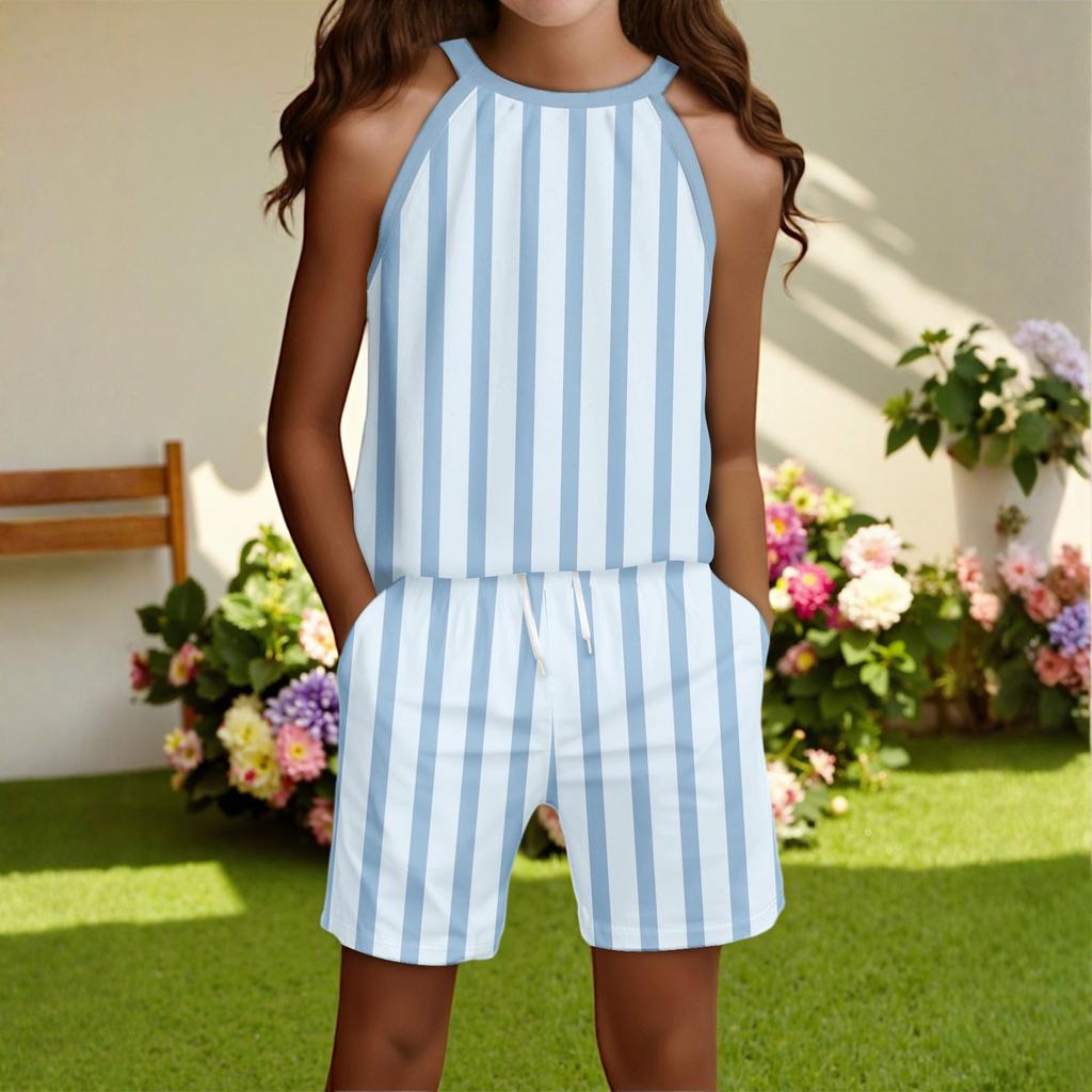Children's Casual Fashion Round Neck Sleeveless Top Shorts Set