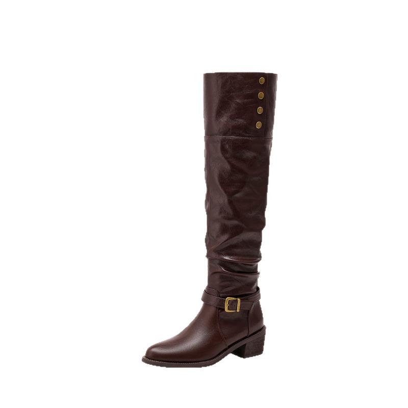 Cowhide Version Brown Over-the-knee Boots Children Wear Two Long Boots Pointed Thick Heel Thin Knight Boots Stack Boots High Boots