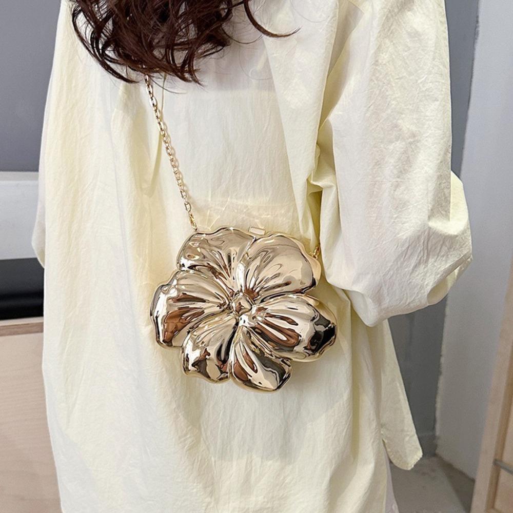 Ladies Metallic Exquisite Flower Mini Flower Chain Crossbody Bag Fashion Novelty Shape Bag Mobile Phone Key Coin Purse Portable