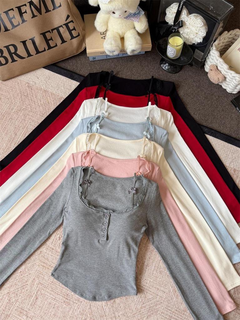 Women's Red Lace Patchwork Long Sleeve Slim-Fit T-shirt - Autumn/Winter Trendy Base Layer Top