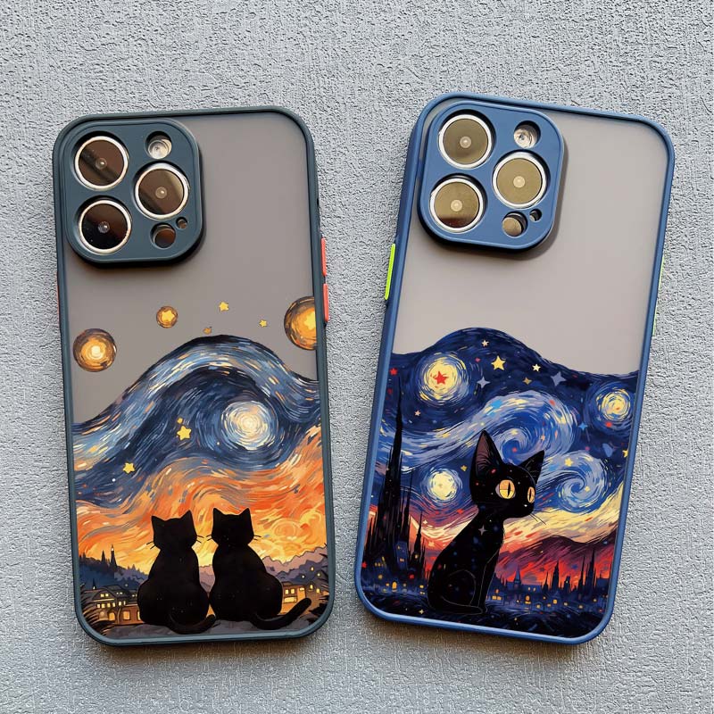 Starry Sky Cat Phone Case for iPhone 16 15 14 Pro Max 13 12 Mini 11 Pro Max XR XS X 8 7 Plus SE 2020 Shockproof Back Cover Funda
