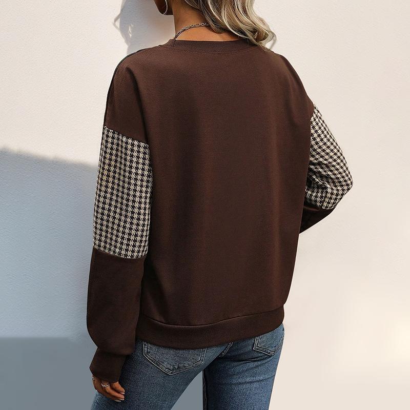 YYFS Women's Fashion Casual Houndstooth Print Fall Winter Long Sleeve O-Neck Pullovers & Long Sleeves