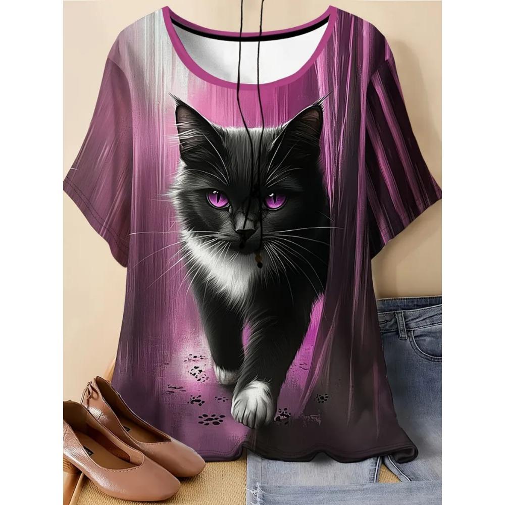 Ladies Fashionable Comfortable Printed Animal T-shirt Interesting Animal Cat Patterns Loose Breathable Large Size Short Sleeved T-shirt