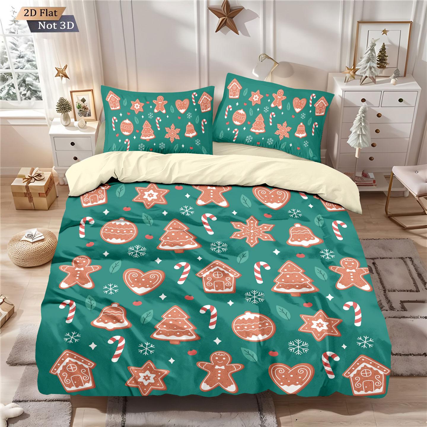 

3Pcs Merry Christmas Green Printed Chipless Quilt Set, Multi Size Soft Dormitory Bedding, Holiday Decoration Machine Washable 135x200cm-EU-Single&set