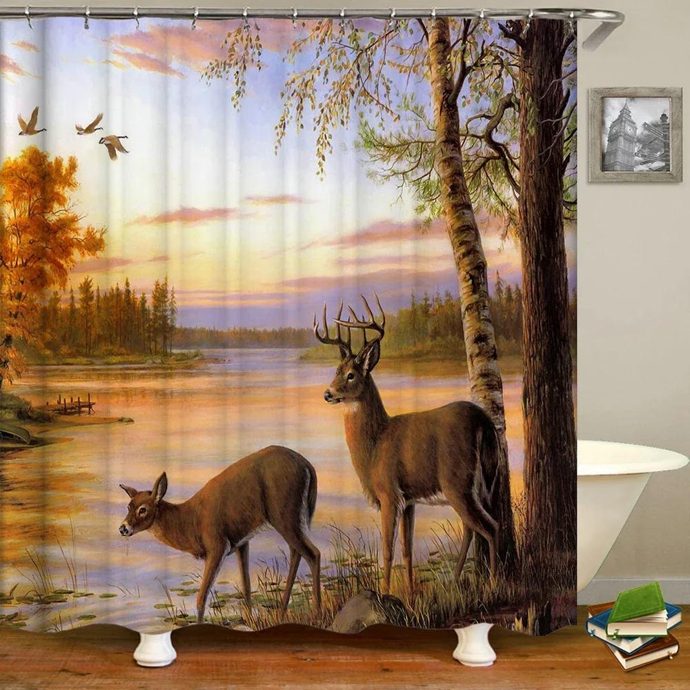 Deer Bathroom Shower Curtain Elk Highland Cow Peacock Forest Mountain Animal Polyester Hanging Curtains Home Bathroom Decor Set