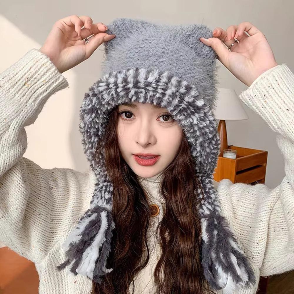 Cute Edge Winter Hat Ear Protection Warm Knitted Woolen Hat Windproof Thermal Beanie Cap Winter