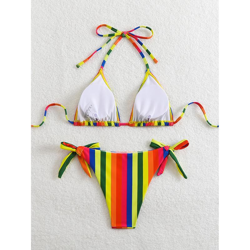 Regnbuestripet Bikinisett Dame Sommer Nytt Badedrakt Todelt Halter Snøring Badedrakt Mote Ermeløs Badeklær Strandklær
