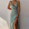 Womens Sleeveless V Neck Bodycon Dress Sexy Spaghetti Strap High Slit Ruched Midi Dress Cocktail Party Wedding Guest Dress