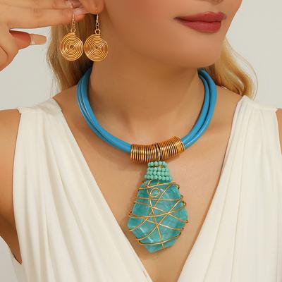 Irregular Geometric Resin Gemstone Braided Necklace Earrings