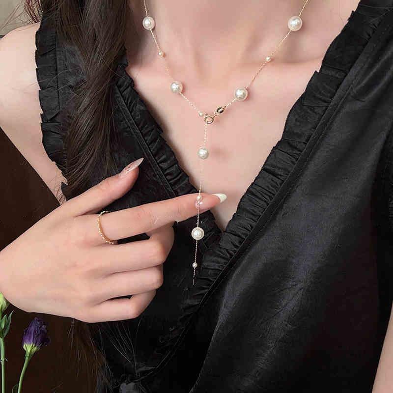 French Geometric Round Pearl Beaded Necklace Fashion Simple Court Style Necklace Light Luxury Premium Sweater Chain Women