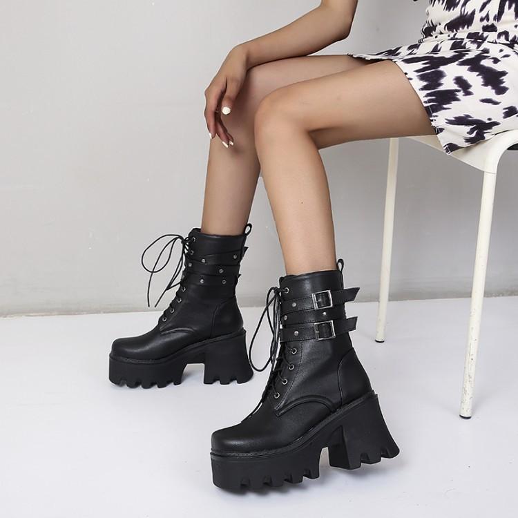 

Осень и зима Европейский и американский стиль квадратный носок шнуровка спереди пряжка ремня высокий толстый каблук женские короткие модные ботинки 39 чёрный