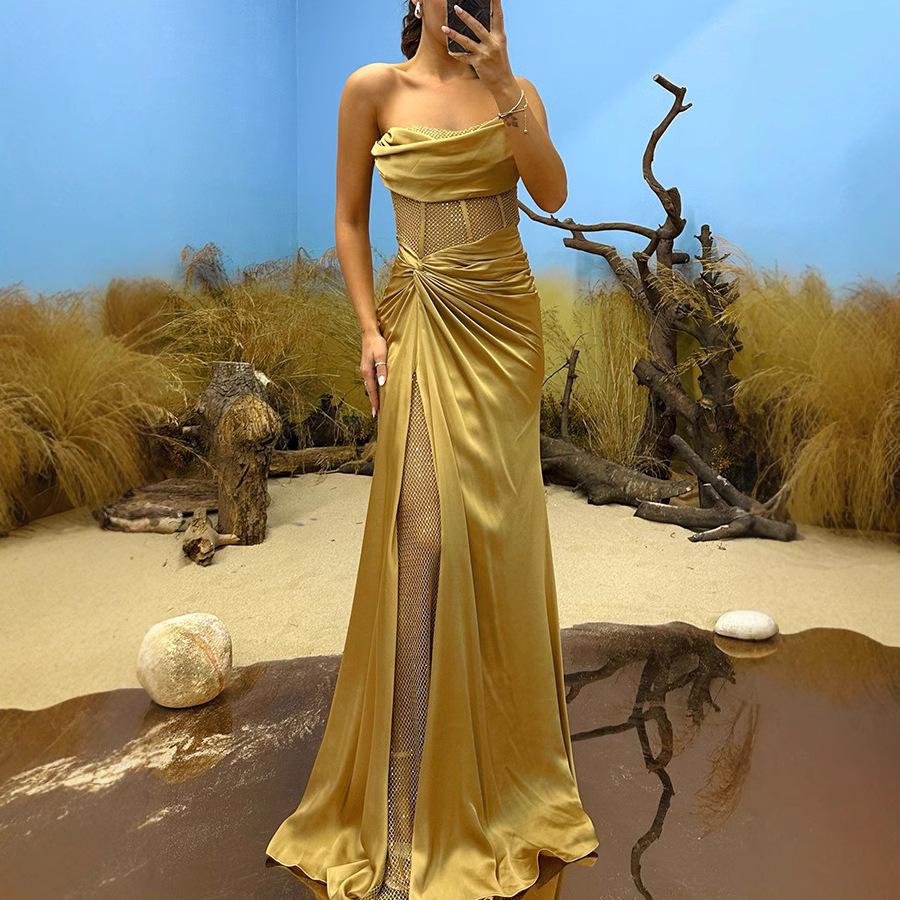 European-American Satin Tube Party Dress: Casual Ins-Inspired Patchwork Fashion
