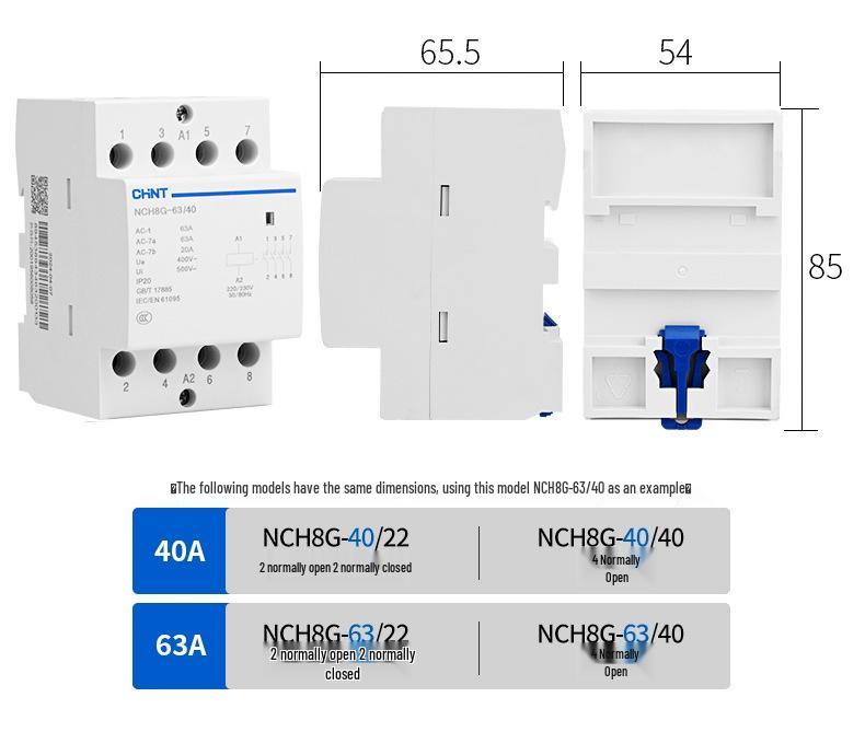 Zhengtai NCH8G AC Contactor: 2P Rail 4P, 220V Single-Phase, 20A/25A/40A/63A, Quiet Operation