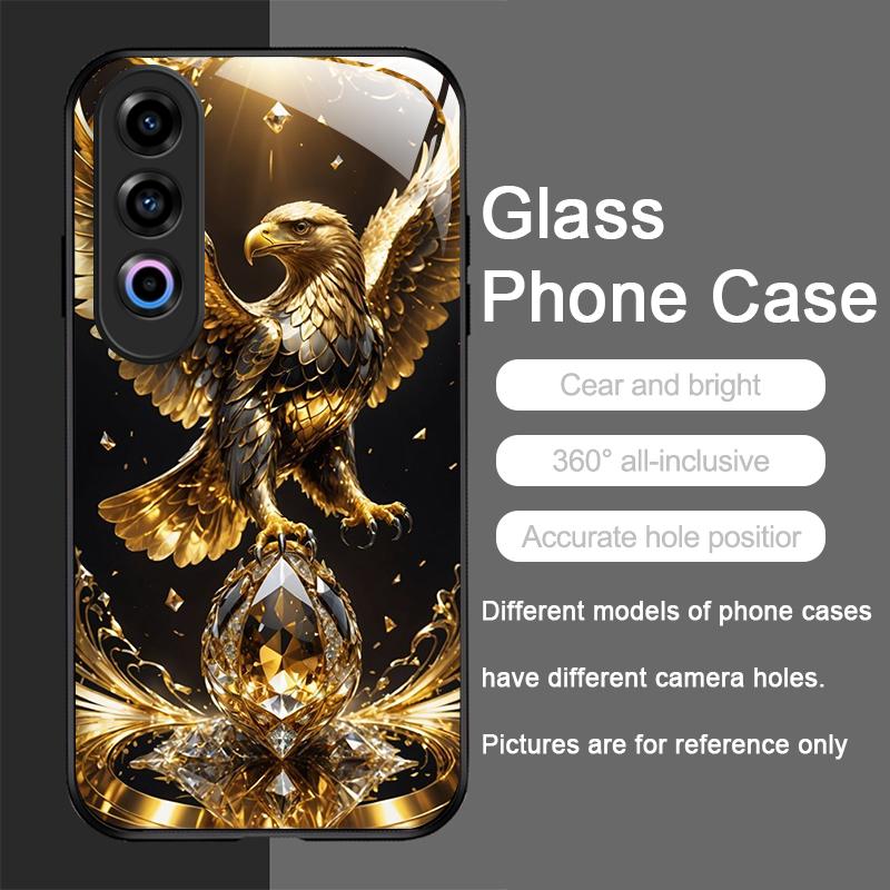 Stylish Eagle Golden Diamond Pattern Tempered Glass Phone Case for OnePlus 13R 12 11 10 9 Nord CE4 3 2 Lite ACE2 ACE3 Pro Cover