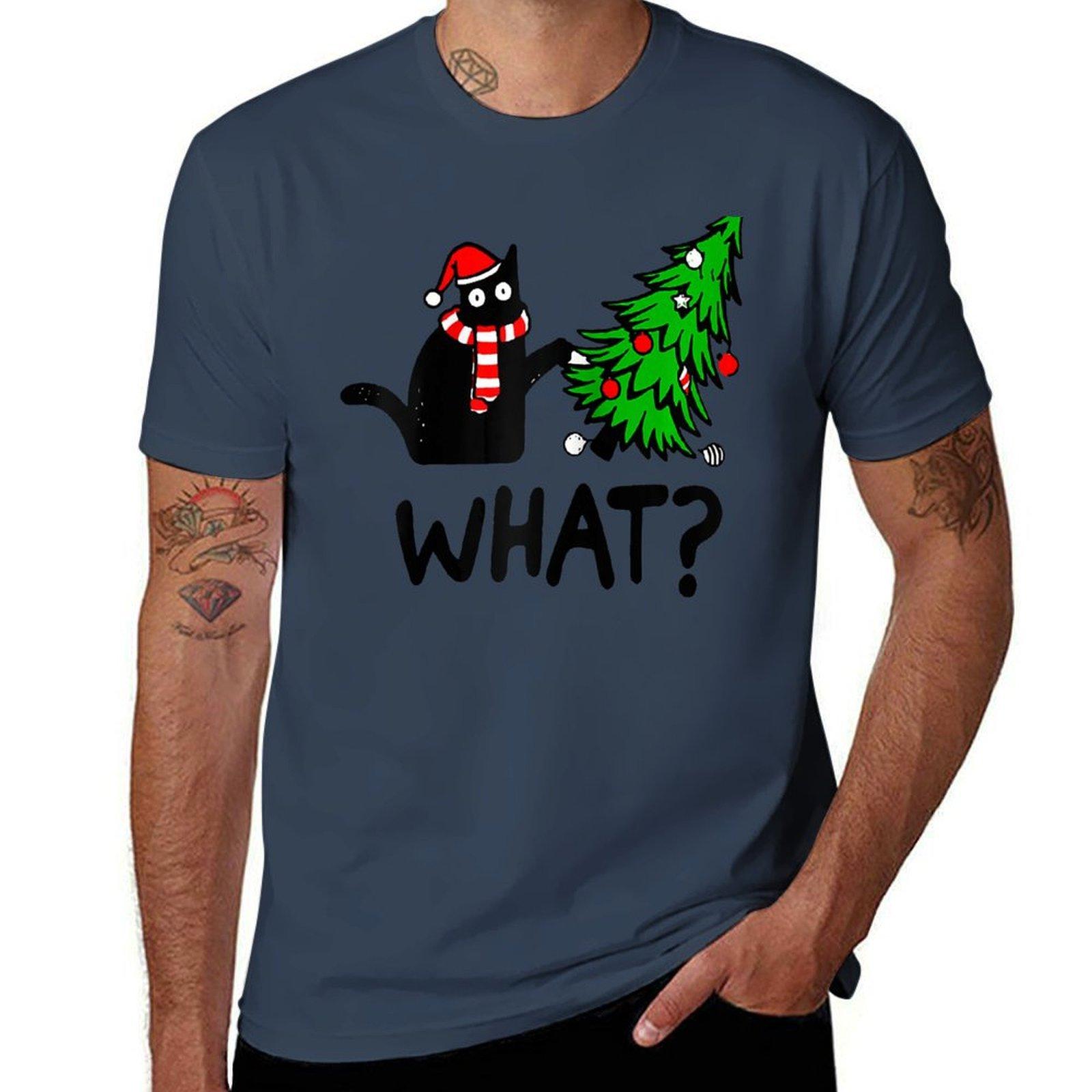 Funny Black Cat Gift Pushing Christmas Tree Over Cat What Raglan Baseball Tee TShirt AntiWrinkle Short Sleeve TShirt S