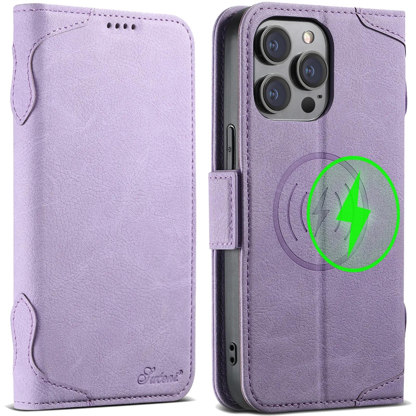 

Cowhide Leather Wallet Book Case for iPhone 16 Pro Max 15 14 Plus 13 12 Pro Magnetic Charging Card Holder Slot Stand Flip Cover S25Ultra фіолетовий