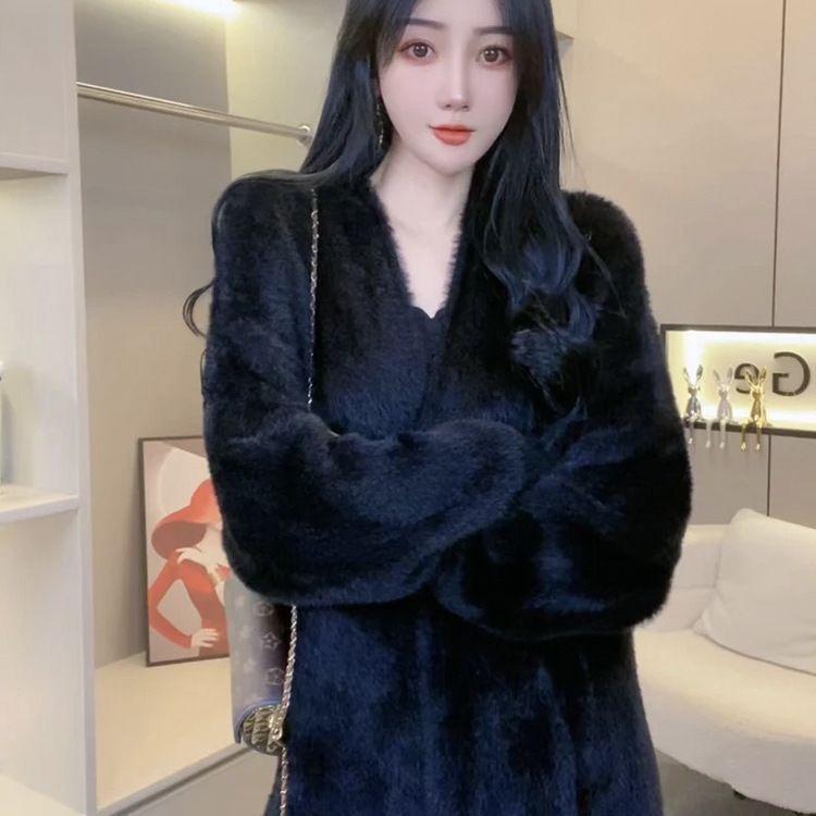 

Женская куртка из норкового флиса на осень/зиму, утолщенная теплая вязаная кофта-кардиган из норкового флиса, однотонный плюшевый вязаный топ S чёрный