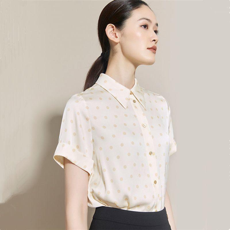 Women Beige Polka Dot Satin Short Sleeve Button Down Shirt S абрикосовый