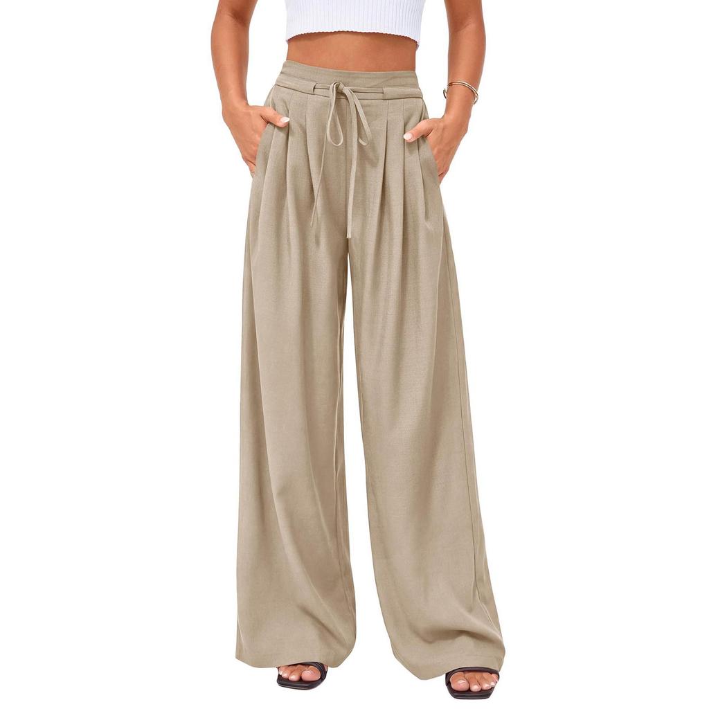 Women's Casual Pleated Wide Leg Pants with Pockets Elastic Waist Drawstring Loose Fit Trousers for Daily Wear