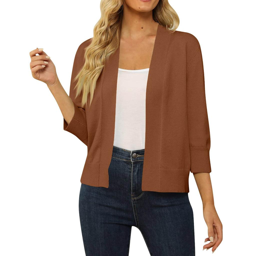 Women's 3/4 Sleeve Cropped Cardigan Sweater Open Front Short Shrugs Cardigans Lightweight Sweaters