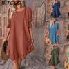 Women's Fashion Summer Spring Solid Color Print O-Neck High Waist Casual Dresses