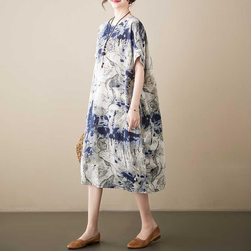 Real Spot Fat Sister Summer Loose and Thin Short-sleeved Cotton and Linen Dress