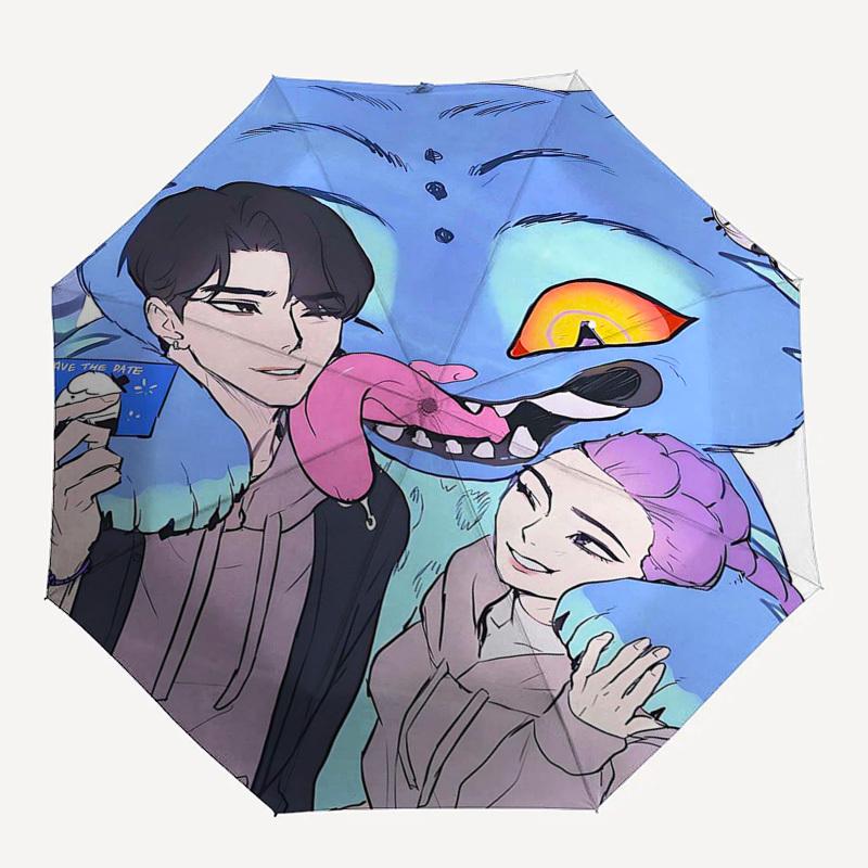 1pc Outdoor Umbrella with Cute Monster and Couple Print - Automatic Opening/Closing, Portable Tri-Fold Design, 8-Rib Iron Frame - Perfect Gift fo