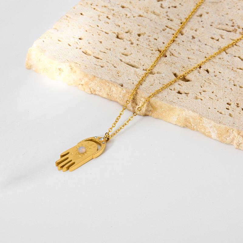 18K Gold Titanium Evil Eye & Opal Hamsa Pendant Necklace for Women