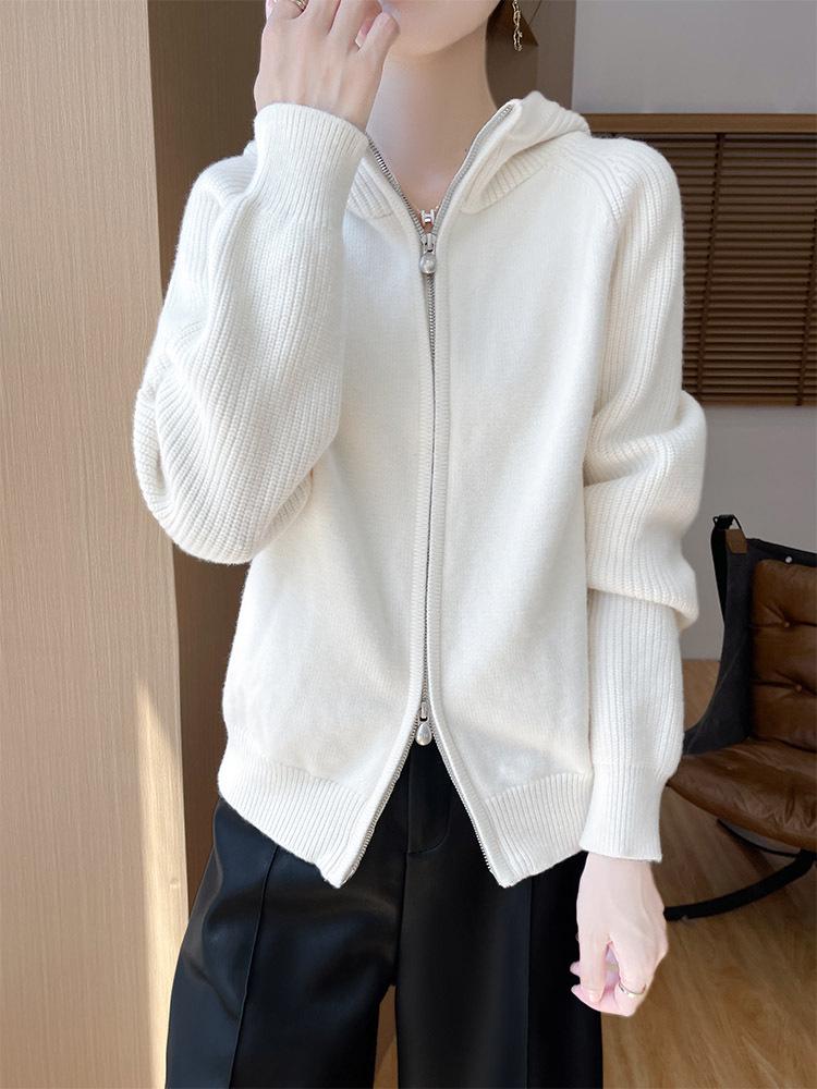 Women's 100% Wool Double Zipper Hooded Knit Cardigan with Raglan Sleeves