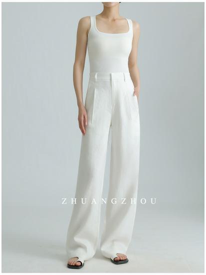 2026 Summer High-Waisted Wide-Leg Cotton Linen Pants White Casual Old Money Style Women