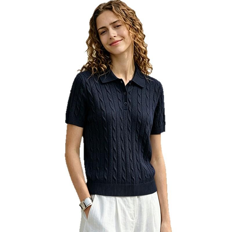 Old money style three-dimensional twisted flower and paper yarn short-sleeved polo shirt lapel T-shirt women's summer twist knitted sweater commuter t