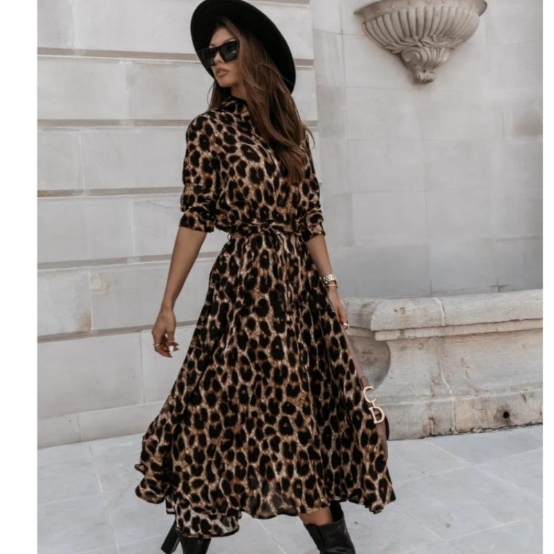 Women's Leopard Print Dress Spring Long Sleeve Lapel Lace-up Button Up Loose Casual Sexy Dress Women Summer Elegant A Line Office Ladies Long Dresses