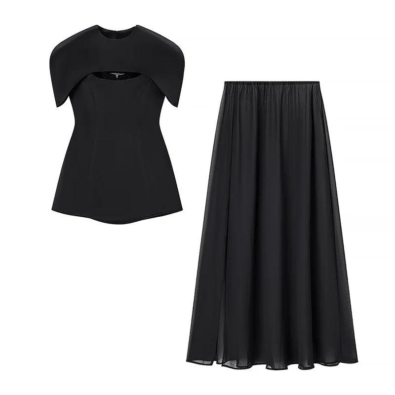 

Осень Новая Женская одежда Круглый вырез Маленькая шаль Топ Квадратный воротник Безрукавный жилет Высокая талия А-силуэт Юбка Костюм-тройка Black Suit L