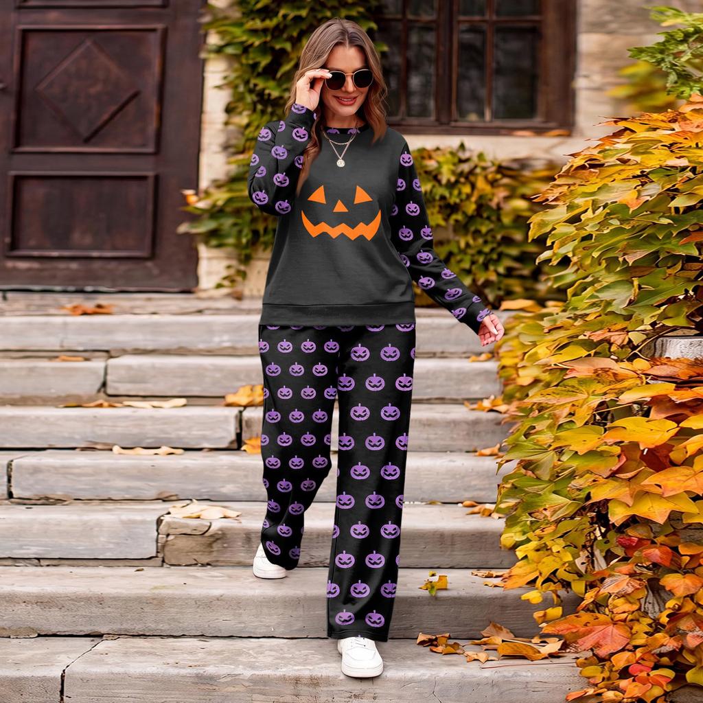 Women's Casual Loose Fit Crewneck Halloween Print Sweatshirt and Pants Set